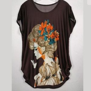 Womens Brown Blouse Top Casual Fashion Floral.